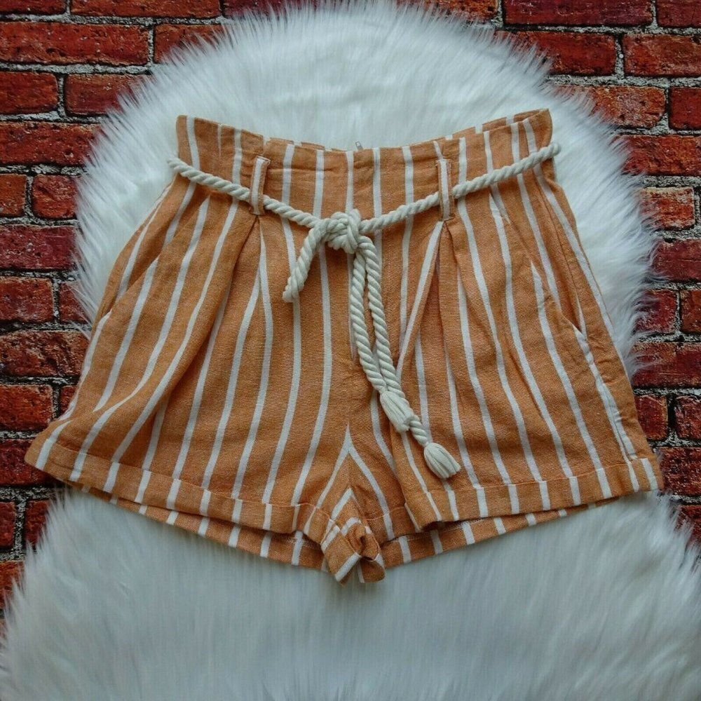 💰3/$25 Forever 21 Paperbag Shorts Belted Stripes Orange White Linen-Blend S